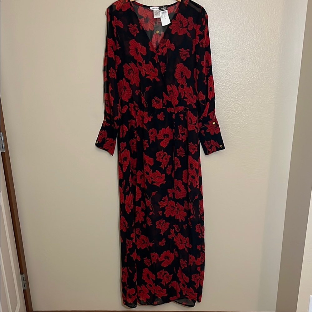 NWT Miley+ Molly Rue21 Red Black Sheer Long Sleeve Maxi Dress
